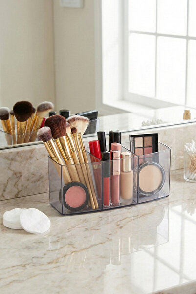 Poomy Organizator de machiaj transparent cu 3 compartimente - Suport pentru pensule din acril, suport pentru ruj și organizator pentru cosmetice