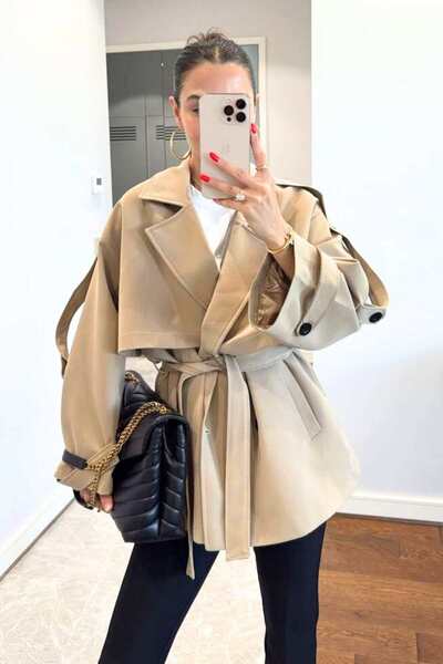 LUV STUDİOS CO Bej Oversize Kuşaklı Bonny Astarlı Kısa Trenckot