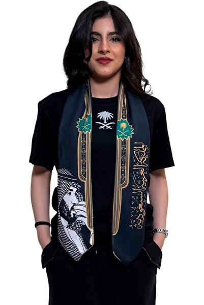 Generic Saudi National Day 95 Shawl - Black & Gold with Swords and Palm Tree Emblem