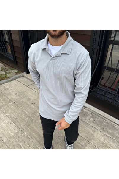 GökTR Men's Corded Fabric Fleece Sweatshirt – Buttonless Polo Collar, Oversized Comfortable Fit, Thick Fleece Fabric,