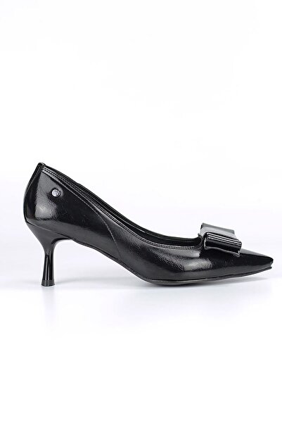 Gökhan Talay Vellon Flexible Soft Non-Slip Sole (4 cm) Black Patent Leather Corner Bow Women's Heeled Shoes