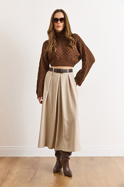 Olalook Fusta maxi plisată cu fermoar cu centură de piatră pentru femei ETK-19000377