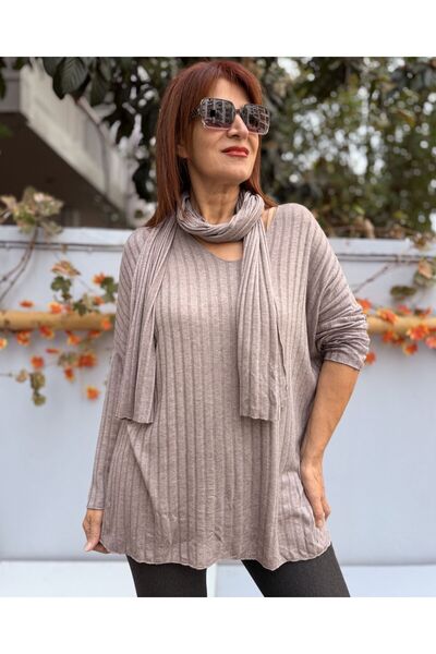 DenizEge material reiat Tricotaj cu eșarfă Milky Brown