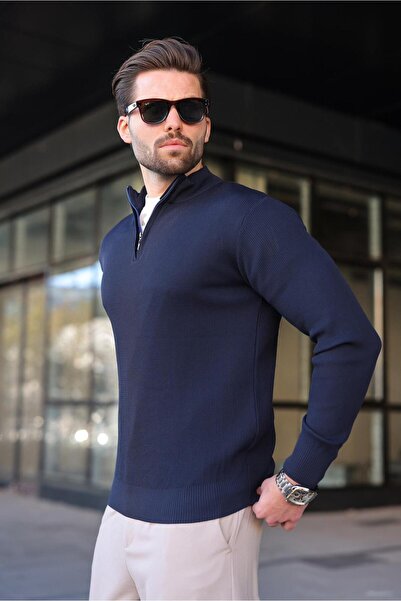 Madmext Navy Blue Half Zipper Mock Neck Men's Knitwear Sweater 7442