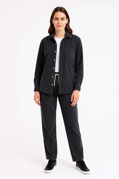 GökTR Women's Velvet Oversized Set – Shirt and Pants Two-Piece Set Smoked Corduroy Elegance, Comfortable