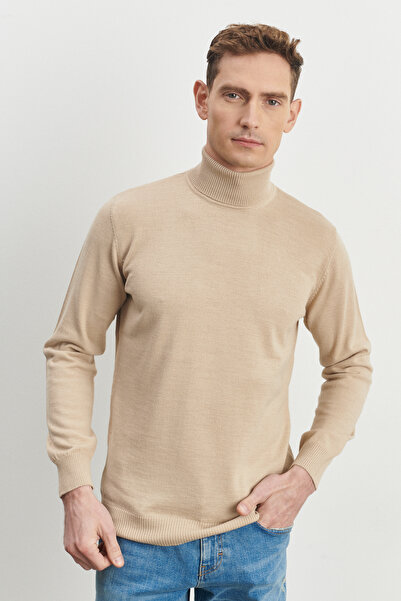 ALTINYILDIZ CLASSICS Beige Standard Fit Regular Cut Full Turtleneck Wool Knit Sweater