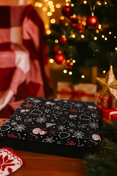 DODOMAR 21×28.5×11 cm Black Glitter Winter Themed Rectangular Luxury Christmas Gift Cardboard Box