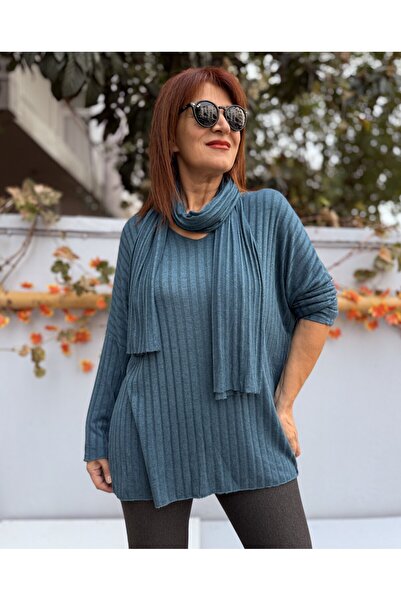 DenizEge material reiat Tricotaj cu eșarfă Albastru petrol