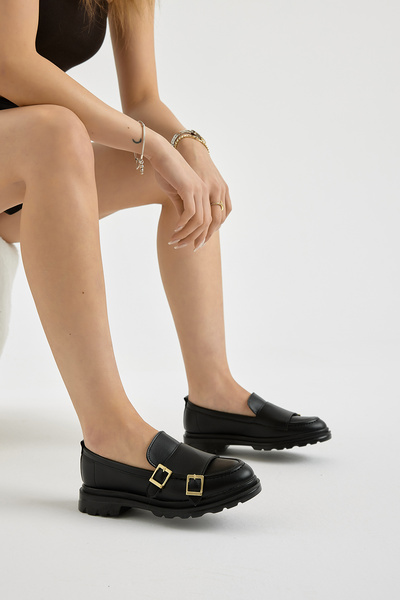 Tonny Black Women's Black Leather Thick Poly Sole Double Buckle Casual Loafer