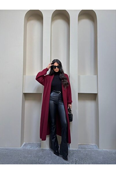 LE CARAMBOLE Women's Burgundy Low Sleeve Long Knitwear Cardigan