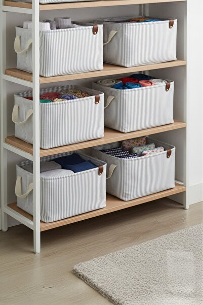HomyJRs 6-Piece Gray Striped Multi-Purpose In-Cabinet Toy Storage Box Basket Organizer 18X22X30