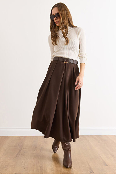 Olalook Γυναικεία μάξι πλισέ φούστα με φερμουάρ και ζώνη σε καφέ χρώμα ETK-19000377