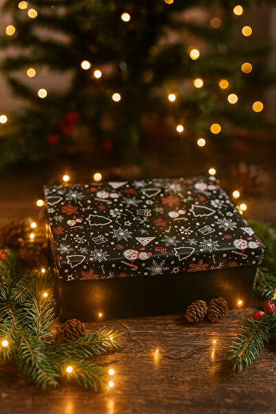 DODOMAR 21×28.5×11 cm Black Glitter Winter Themed Rectangular Luxury Christmas Gift Cardboard Box