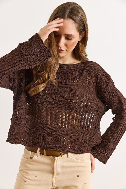 Olalook Women's Bitter Brown Tiny Pompom Lace-Like Knit Cotton Knitwear Blouse Blz-19002336
