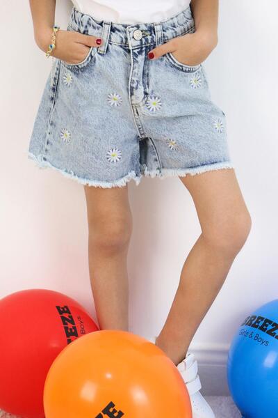 Breeze Κοριτσίστικο σορτς τζιν με κέντημα μαργαρίτα και λεπτομέρεια με φούντα στο πόδι, ηλικία 5-9 ετών, γαλάζιο