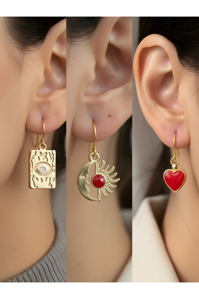 TURBİJ مجموعة أقراط نسائية مكونة من 3 قطع على شكل ظرف وقمر وشمس