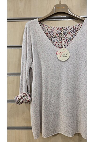 Park Moda Soft Textured Thin Sweater with Floral Pattern Inside