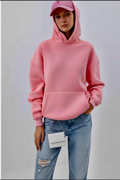 SELENA BUTİK Unisex Hooded Pocket Pink Plain Sweatshirt