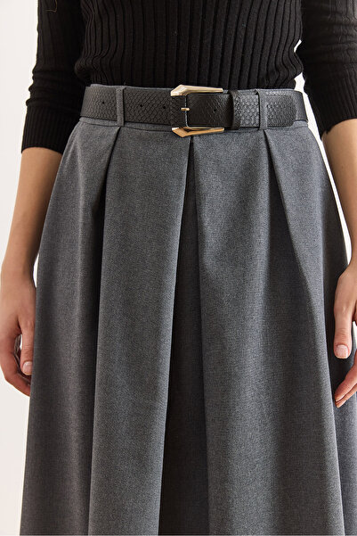 Olalook Women's Anthracite Belted Zippered Maxi Pleated Skirt Etk-19000377