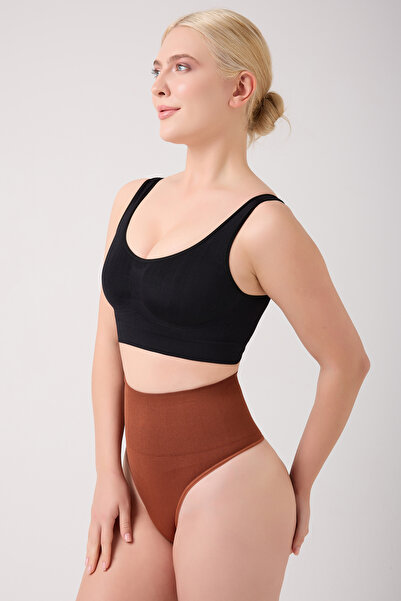 MİSTİRİK Montela Model Corseted Belly and Abdomen Tightening Thong Panties Coffee Color