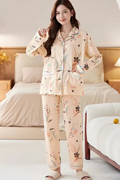 Muchmy Cozy Floral Pattern Button-Up Top High Waist Home Lounge Sleepwear Wom...
