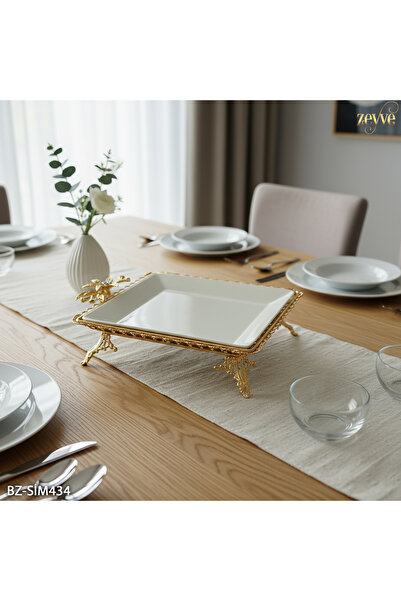 Hinora Flower Model Gold Color Porcelain Plate Standing Square Serving Dish 30X26X9Cm Large Size