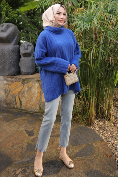 İmajButik μπλε κοβαλτίου Μπλε ζιβάγκο casual πλεκτό πουλόβερ από μαλακό ανγκόρα