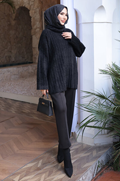 İmajButik Black Turtleneck Casual Angora Soft Knit Sweater