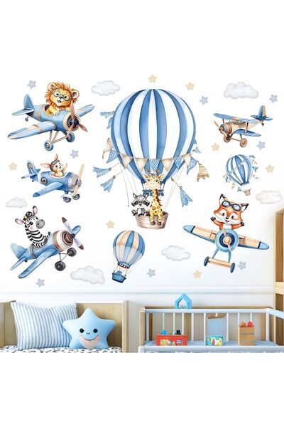 Amimagen ملصقات جدارية على شكل منطاد هواء ساخن للحيوانات للأطفال - أسد، زرافة...