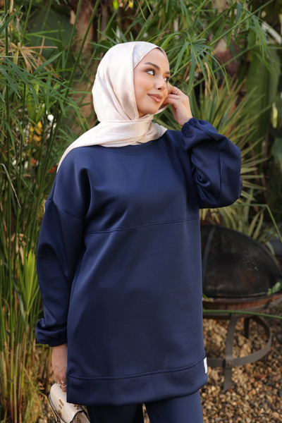 İmajButik Navy Blue Embroidered Tunic Trouser Set