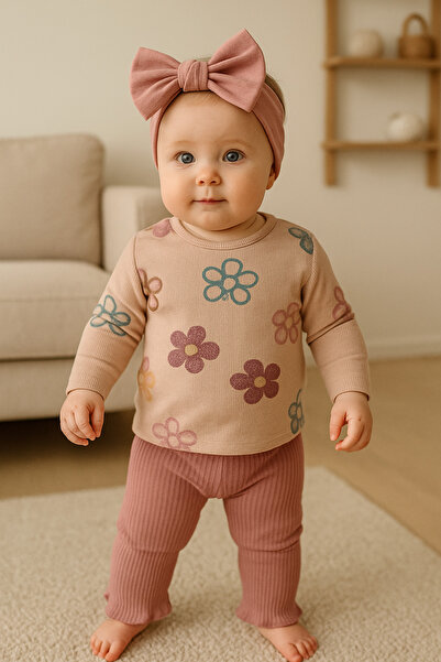 Yollo Kids حياكة مضلعة طقم باندانا علوي وسفلي