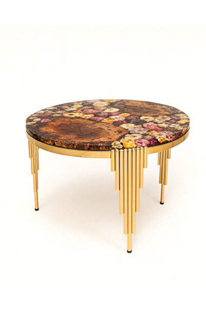 Nadisse Gerçek Çiçekli Epoksi Orta Sehpa - Gold Detaylı Epoksi Sehpa- Özel Tasarım