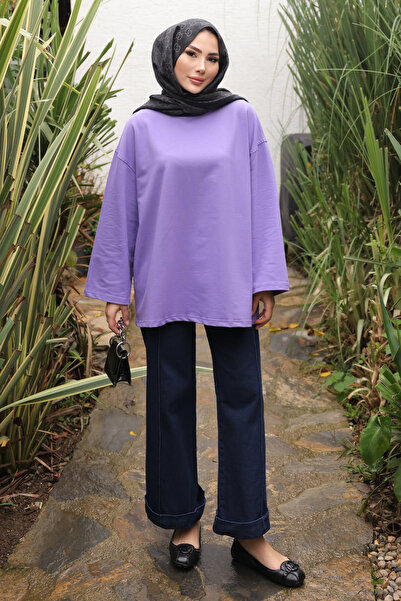 İmajButik Μωβ μπλούζα με λαιμόκοψη oversized από χτενισμένο βαμβάκι