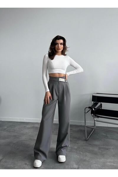 HA-KA GİYİM Women's Imported Doubleface Palazzo Pants with Belt Detail, Pleated, High-Quality Product, Does Not Fade