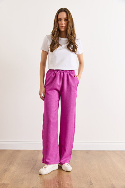 Olalook Women's Fuchsia Waistband Pocketed Wool Effect Wide Leg Winter Trousers Pnt-19000383