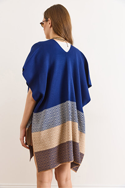 Olalook Women's Navy Blue Zigzag Pattern Poncho Cardigan HRK-19000422