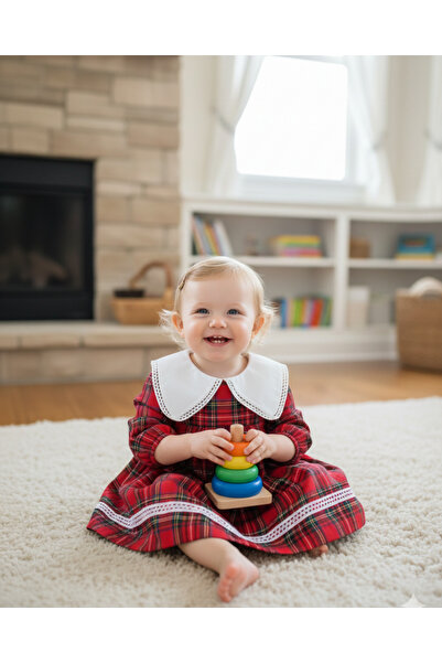 My Lusa Baby Defne 2 Series Girls' Plaid Dress – Cotton Ruffled Collar Baby Dress 9-24 Months