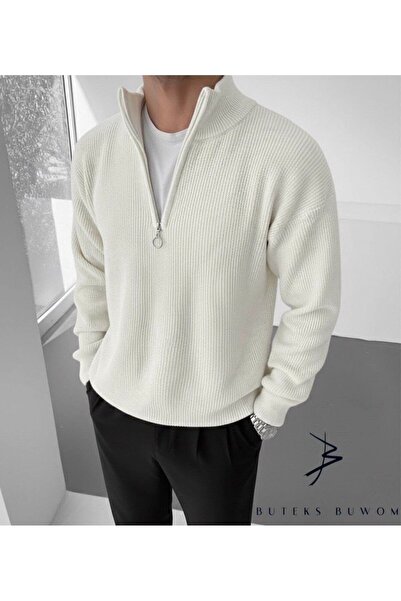 neonstore Men's Mock Neck Zippered Slim Fit Knitwear Sweater