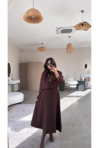 Buket Teke طقم مكون من بلوزة وفستان من قماش المودال باللون البني