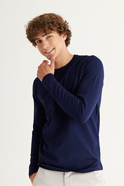 ALTINYILDIZ CLASSICS Πλεκτό πουλόβερ με λαιμόκοψη σε μπλε ναυτικό χρώμα, κανονική εφαρμογή και κανονική εφαρμογή