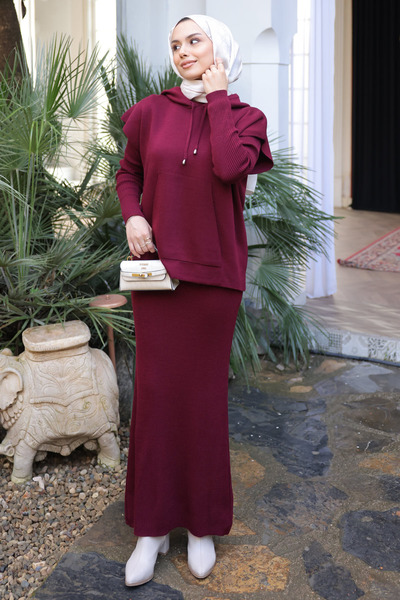 İmajButik Burgundy Knitwear Sweater Combination Dress