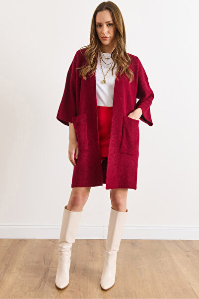 Olalook Women's Burgundy Soft Textured Pocketed Knit Cardigan Hrk-19000424