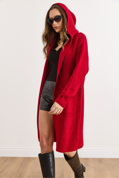 Olalook Women's Red Hooded Pocket Soft Textured Thick Cardigan Hrk-19000416