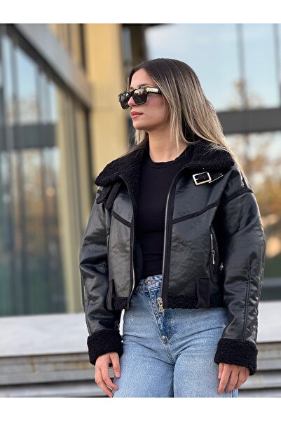 MİS MODA комбинирано кожено палто с кожа