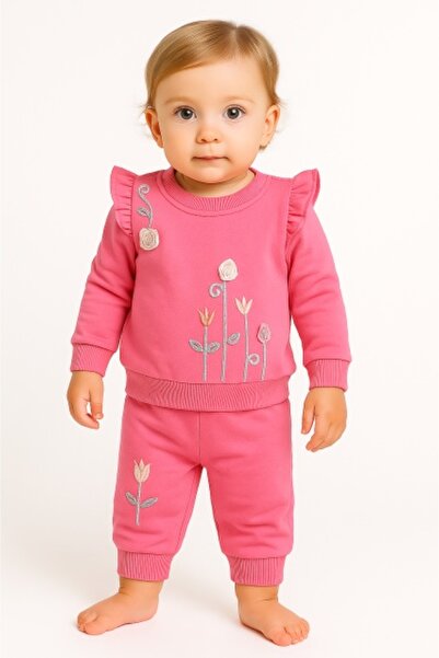 Superbaby Set brodat cu flori 3D pentru fetite – bumbac 100% - ROZ