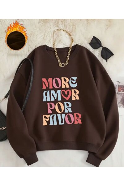 herkesemoda More Amor Print Pattern Detailed Crew Neck Sweatshirt