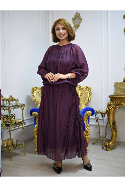 butikbanum Mürdüm Renk Yandan Fırfır Detaylı İtalyan Stili İpek Takım