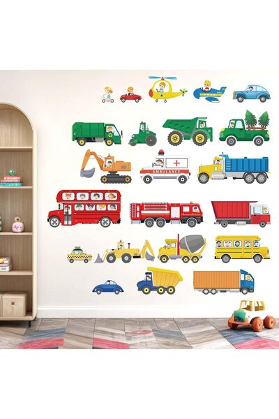 Amimagen ملصقات حائط سيارات للأطفال - مركبات بناء وشاحنات وجرارات قابلة للتقش...