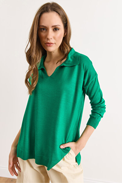Olalook Women's Green Polo Neck Basic Knit Sweater Kzk-19000871