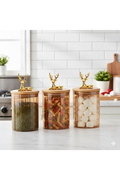 Qerhome 3-Piece Borosilicate Glass Stylish Striped Amber Glass Jar Kitchen Set with Deer Figure 500 ml